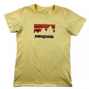 Patagonia Shop Sticker Responsibili-Tee Womens Medium Yellow Spell Out T Shirt